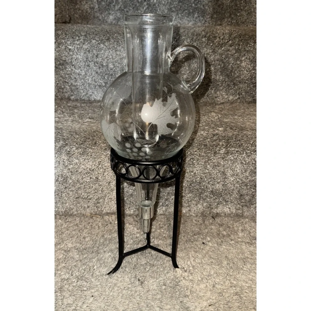 Vintage Wrought Iron Etched Glass Wine Aerator Dispenser Grape Leaves Grapes